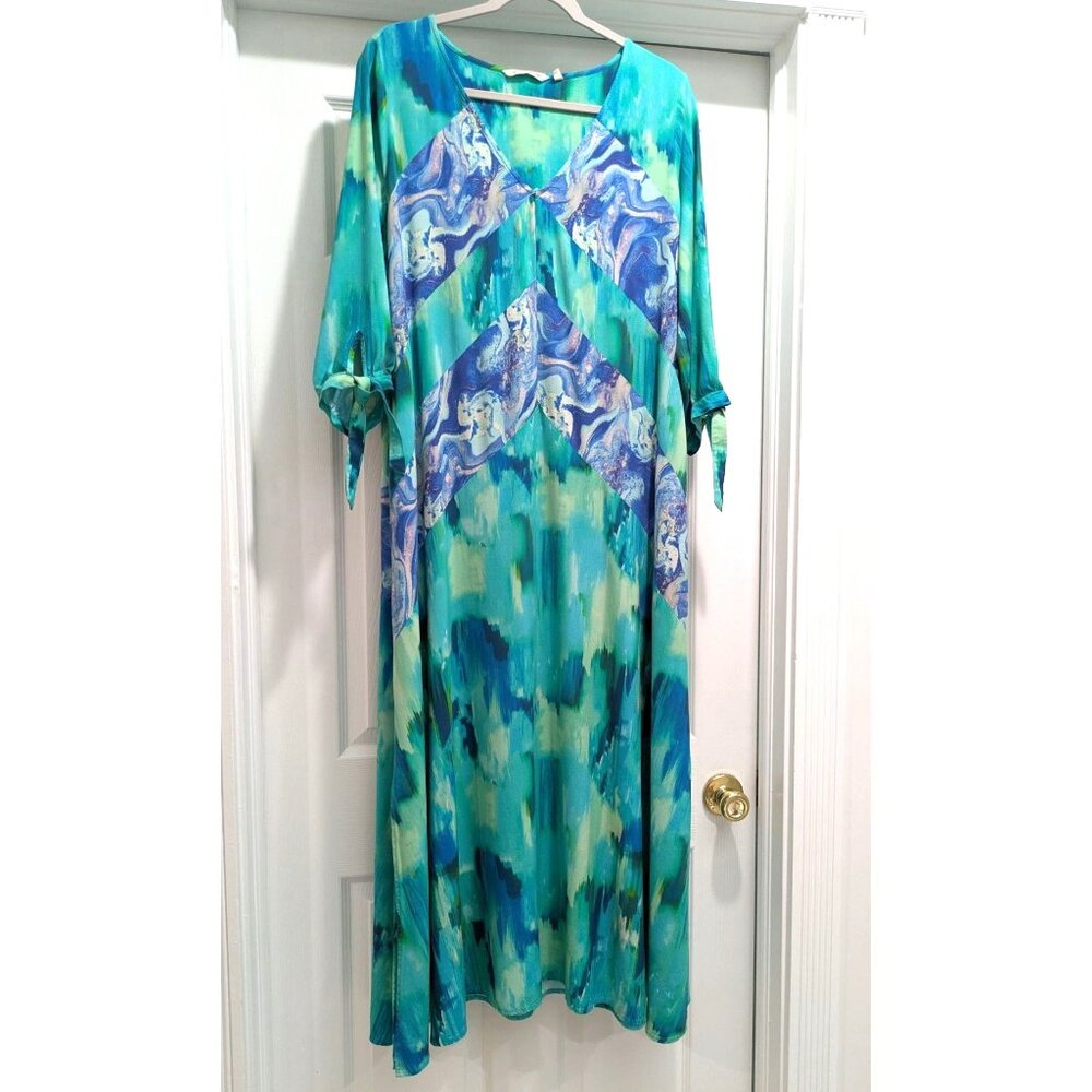 Soft Surroundings Womens Maxi Dress XL Turquoise Purple Beach Tropical Patchwork